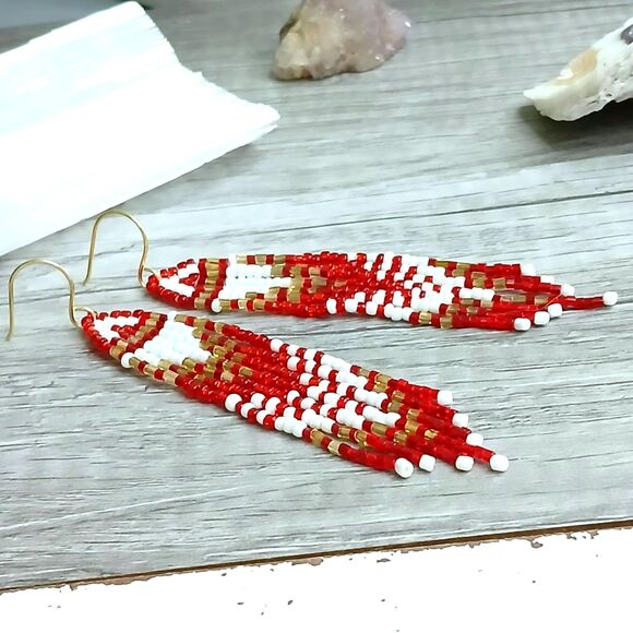 Boho Chic Beaded Fringe Dangle Earrings, Gold Red White, 4" - Picture 4 of 8